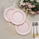 30 Rose Gold 8"" Round Plastic Dinner Plates Gold Scalloped Rim Events Wedding