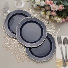 30 Navy Blue 8"" Round Plastic Dinner Plates Gold Scalloped Rim Events Wedding