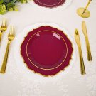 30 Burgundy 8"" Round Plastic Dinner Plates Gold Scalloped Rim Events Wedding