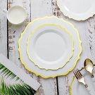 30 White 8"" Round Plastic Dinner Plates Gold Scalloped Rim Party Events Wedding
