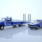 Diecast 1969 Ford F 350 Ramp Flatbed Tow Truck Mustang 1:64 Scale Blue