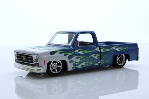 Diecast 1979 Chevy C 10 Square Body Lowered Pickup Truck Blue Flames 1:64