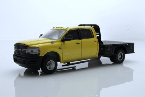 Diecast 2020 Dodge Ram 3500 Flatbed Pickup Truck Dually 1:64 Yellow Black