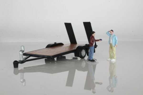 Diecast Flatbed Trailer With Working Ramps 2 Figures For 1:64 Scale Trucks