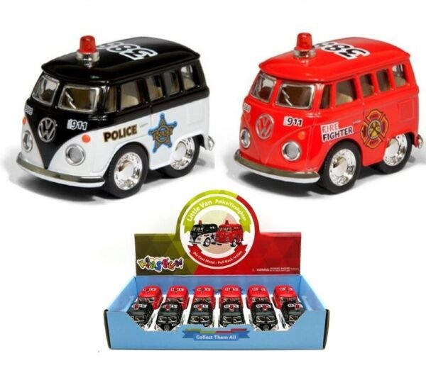 Diecast 12Pc Box 2" Little Van Police/Fire Fighter Car Pull Action