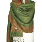 Light Olive Border Paisley Pashmina Scarf Shawl Wrap Elegant Colors New Reversible 75 inches x 28 in