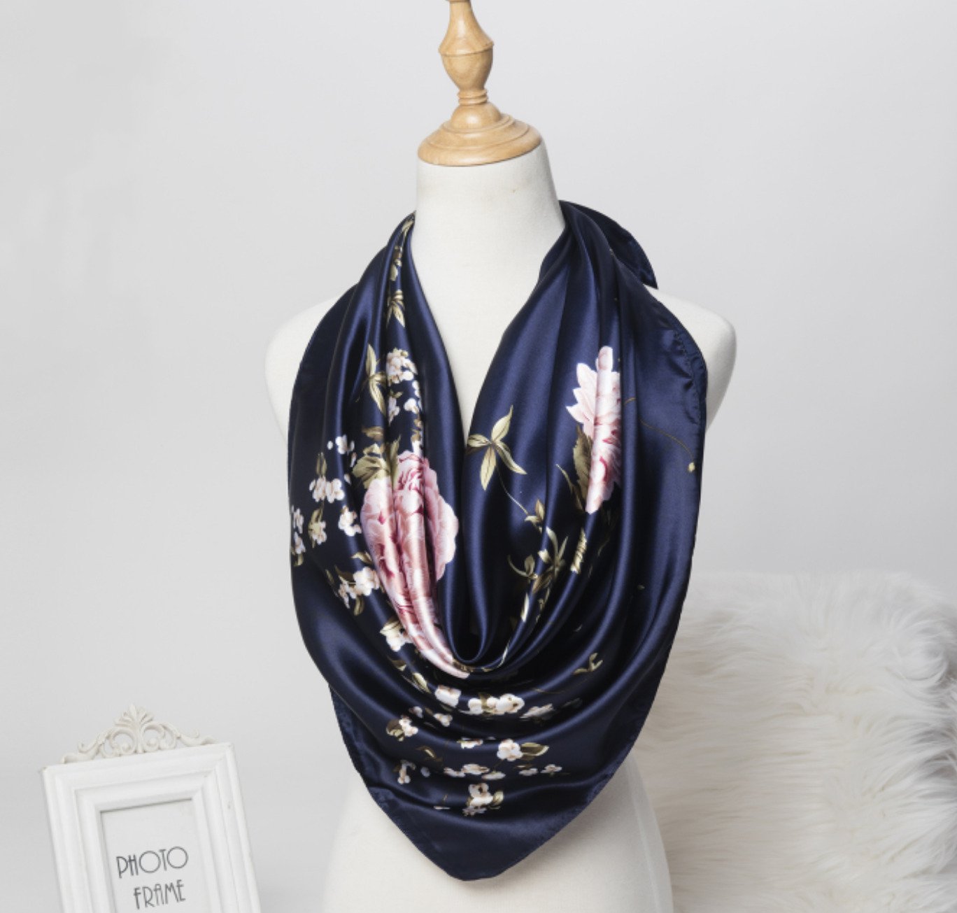Navy Pink Roses Scarf Large Square Satin Silk Feel Head Neck Wrap Scarves Shawl Floral Scarf 35"
