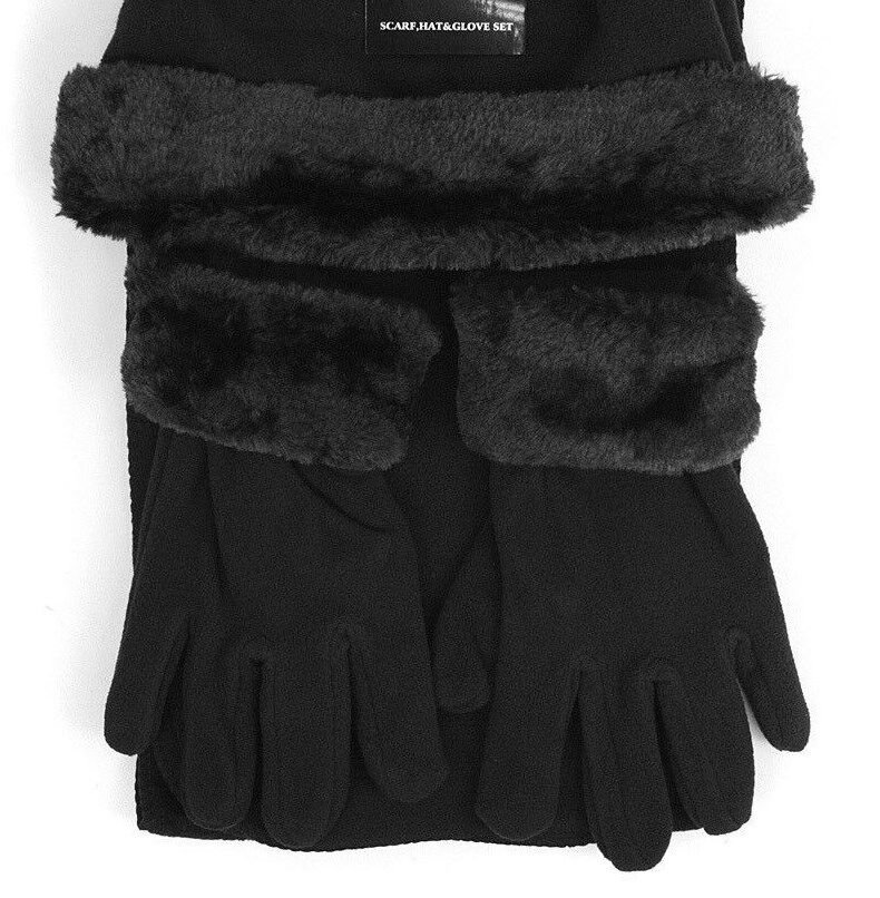 Black 3pc Women's Winter Hat Scarf Gloves Fleece Set