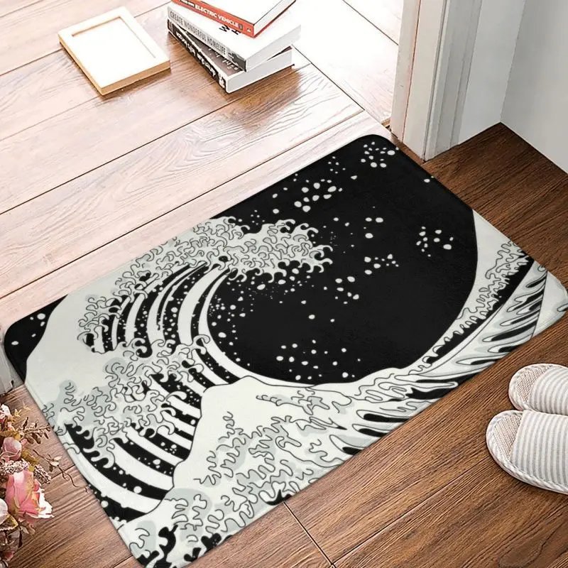 Black And White The Great Wave Off Kanagawa Front Door Mat Japanese