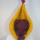 Handmade Crocheted Burgundy Frog with Yellow-Green Hanging Basket