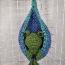 Handmade Crocheted Green Frog with Blue-Teal Hanging Basket
