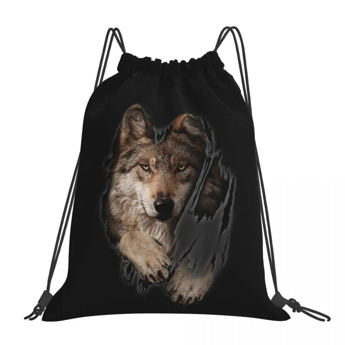 3D Staring Brown Wolf Funny Wolves Backpacks Portable Drawstring Bags