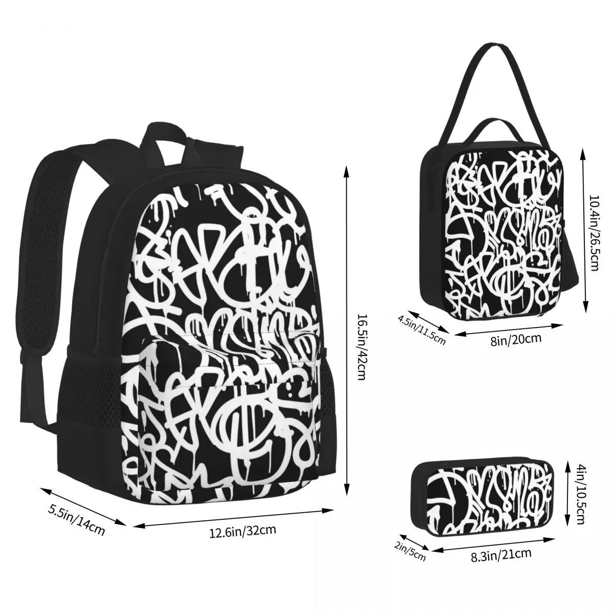 Black And White Graffiti Backpacks Girls Bookbag Students Bags Kids Rucksack Lunch Bag Pen Bag 3