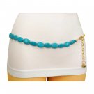 Women Turquoise Blue Beads Hip High Waist Belt Gold Metal Chain Links Size S M L