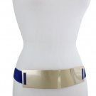 Women Gold Metal Plate Buckle Belt Hip High Waist Elastic Blue Color Band S M