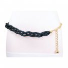 Women Black Mesh Braided Belt Blue Beads Gold Chain S M