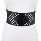 Women Wide Faux Leather Black Elastic Waistband Belt Hip Waist Silver Arrows S M