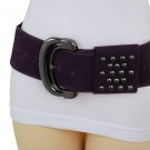 Women Wide Dark Purple Faux Leather Fashion Elastic Belt Metal Studs Buckle S M