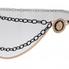 Women Black Metal Chain Links Waistband Belt Wave Gold Lion Charm Size XS S M