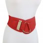 New Women Red Color Western Elastic Wide Fashion Belt Gold Metal Hook Buckle S M