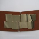 Women Brown Wide Belt Hip Waist Gold Metal Urban Art Deco Squares Buckle S M