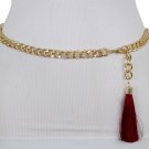 Bling Women Gold Metal Chain Chunky Links Trendy Belt Burgundy Red Tassel XS S M