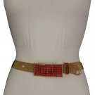 Women Trendy Belt Skinny Dark Rusty Gold Metal Chain Narrow Long Red Buckle M