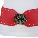 Women Elastic Red Fashion Belt Hip High Waist Gold Rose Metal Buckle Size S M