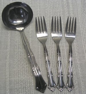 ONEIDA COLONIAL MANOR LADLE & 3 SALAD FORKS NORTHLAND STAINLESS FLATWARE SILVERWARE