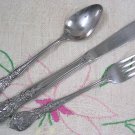 VINTAGE ROSE KNIFE SPOON FORK MANUFACTURER UNKNOWN STAINLESS FLATWARE SILVERWARE VINTAGE ROSE KNIFE SPOON FORK MANUFACTURER UNKNOWN STAINLESS FLATWARE SILVERWARE