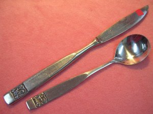 NATIONAL STAINLESS BLACK ROSE SUGAR SPOON & KNIFE FLATWARE SILVERWARE