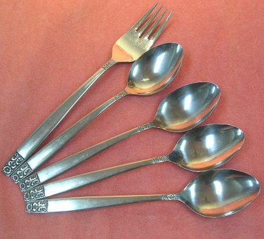 ROGERS CO DANESMORE 5 TEASPOONS & FORK STAINLESS FLATWARE SILVERWARE