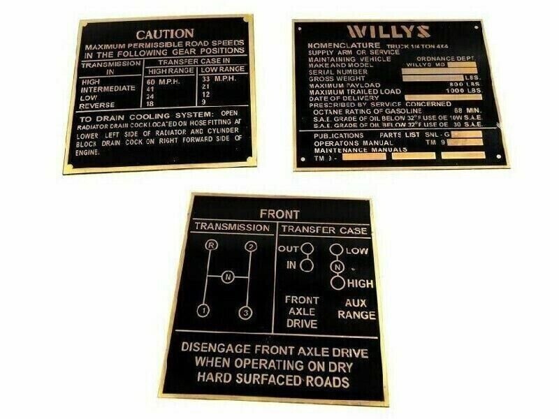For New Willys Jeep MB GPW Rare Brass Acid Etching Dash Data Plate Set #B24