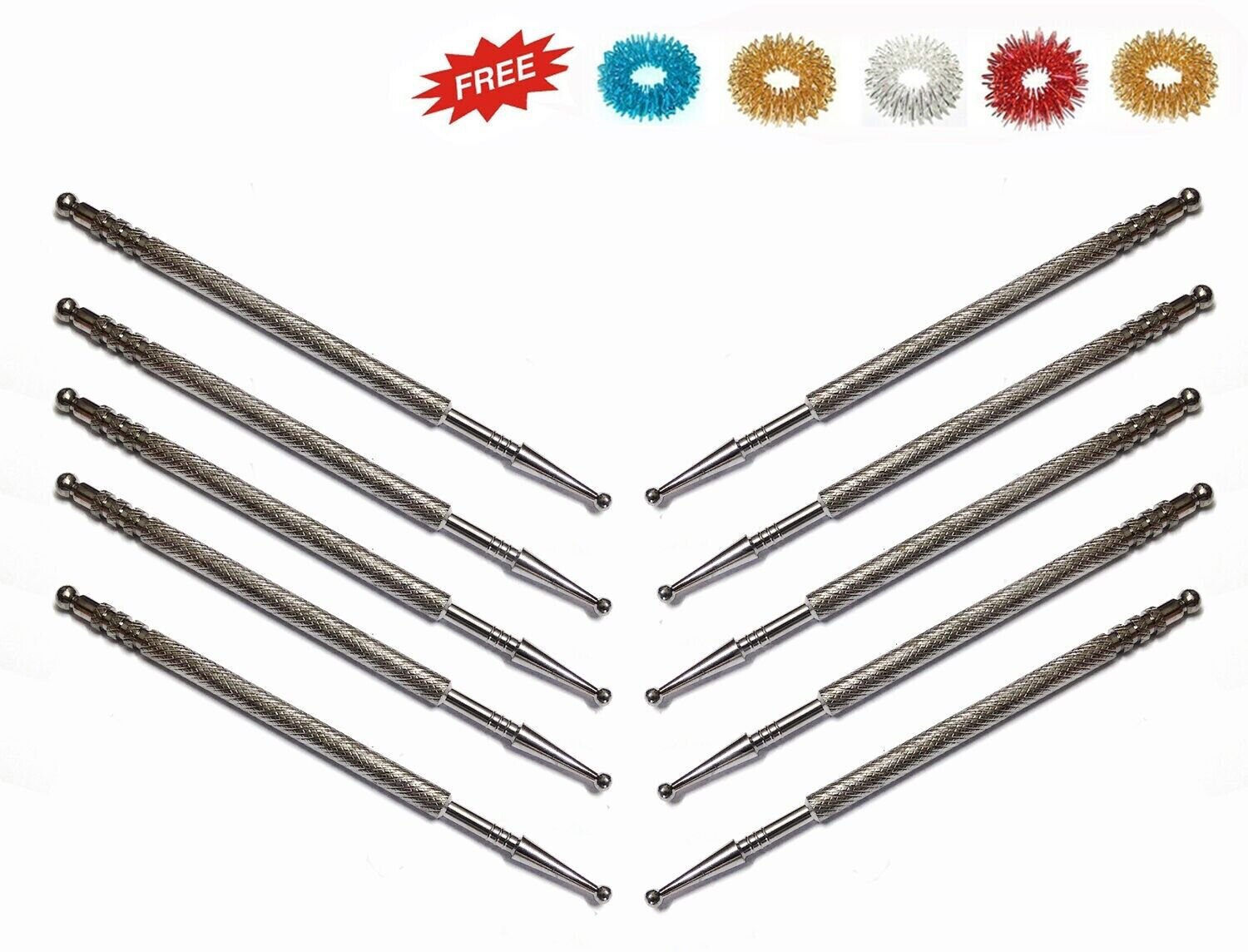 Sujok Probe Acupressure Silver Diagnostic Slim Jimmys (Set of 10)+ Free 5 Rings