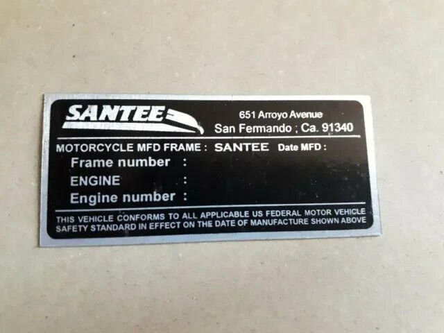 Santee Data Plate 651 Frame Rolling Fits Harley, Honda, Kawasaki