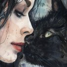 Print ACEO Lovable Black Cat Home Pet Animal with Woman Art Card Limited Edition