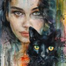 Print ACEO Lovable Black Cat Home Pet Animal with Woman Art Card Limited Edition