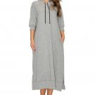 Women Long Solid Colored Drawstring Hooded Sweater Dress New