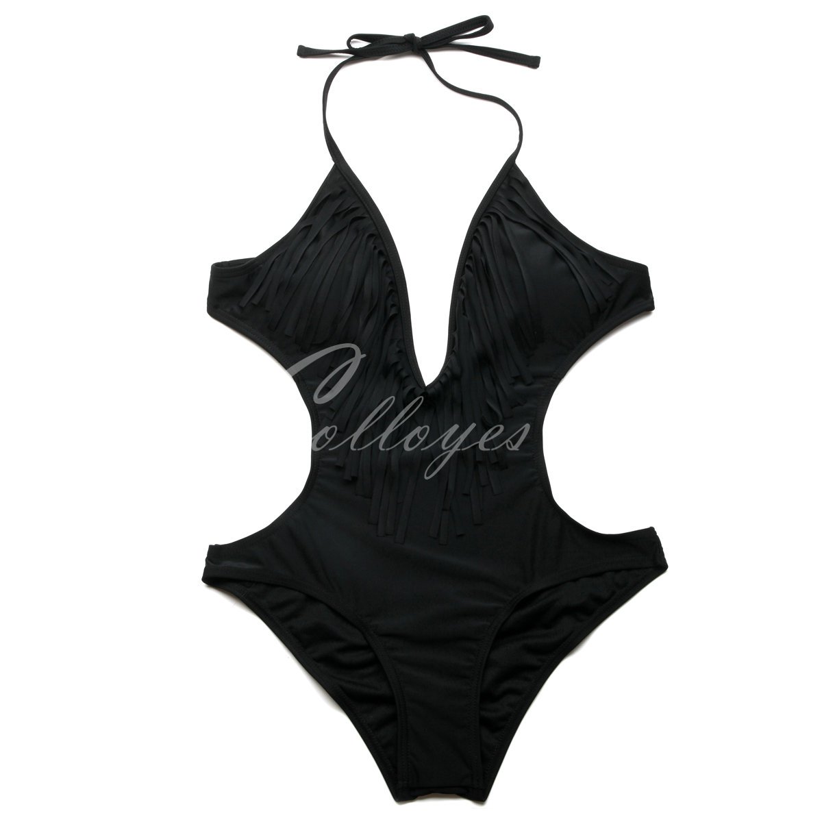 Sexy Black One-piece Swimwear with Fringe and Side Cut-outs in Low Price