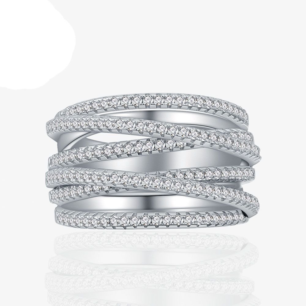 Fashion Multi Layers CZ Cross Wide 925 Sterling Silver Adjustable Ring