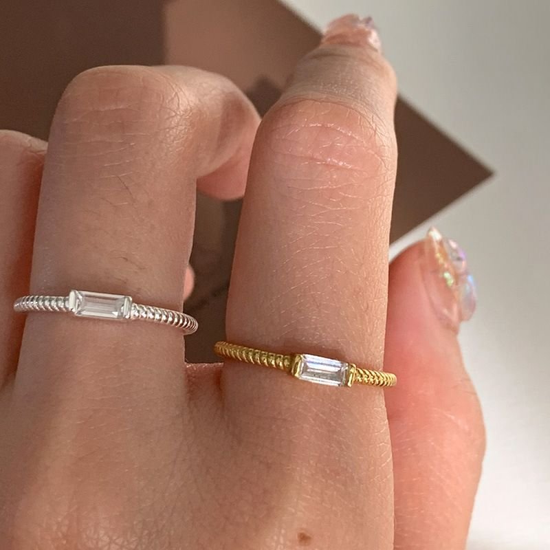 Simple Geometry Baguette CZ 925 Sterling Silver Twisted Adjustable Ring