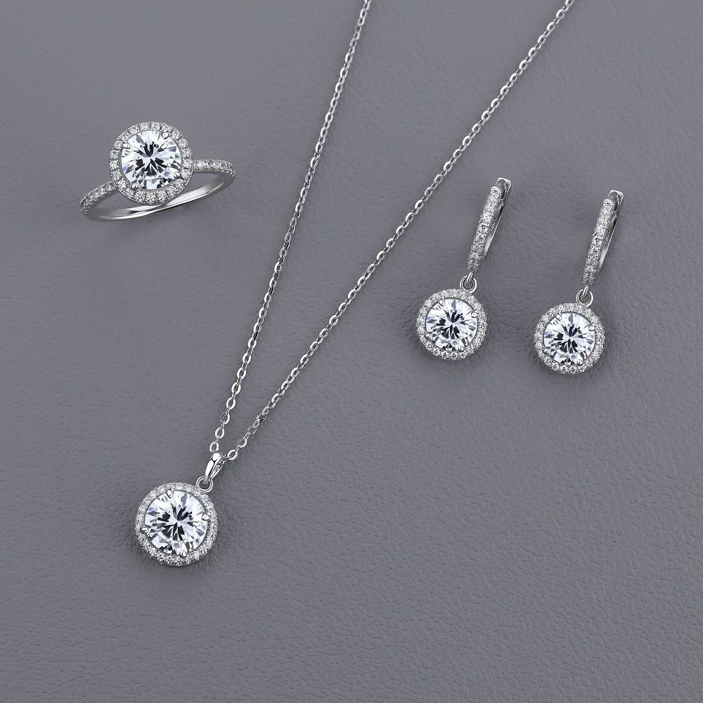 Shining Round CZ 925 Sterling Silver Adjustable Ring Earrings Necklace