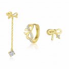 Honey Moon Golden CZ Bow-Knot 925 Sterling Silver Earring Adjustable Ring
