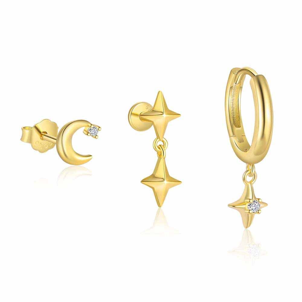 Cute Shining CZ Star Crescent Moon 925 Sterling Silver Earring (Single)