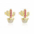Modern Red White CZ Cactus 925 Sterling Silver Stud Earrings