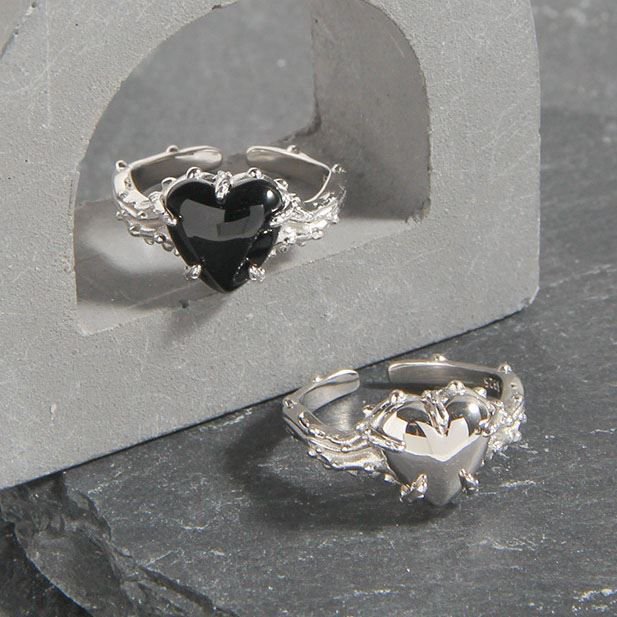 Girl Black Agate Love CZ Heart 925 Sterling Silver Adjustable Ring