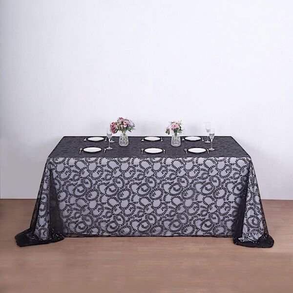 90X156" Black Sheer Tulle Rectangular Tablecloth Embroidered Sequins Home Wedding Party Supplies