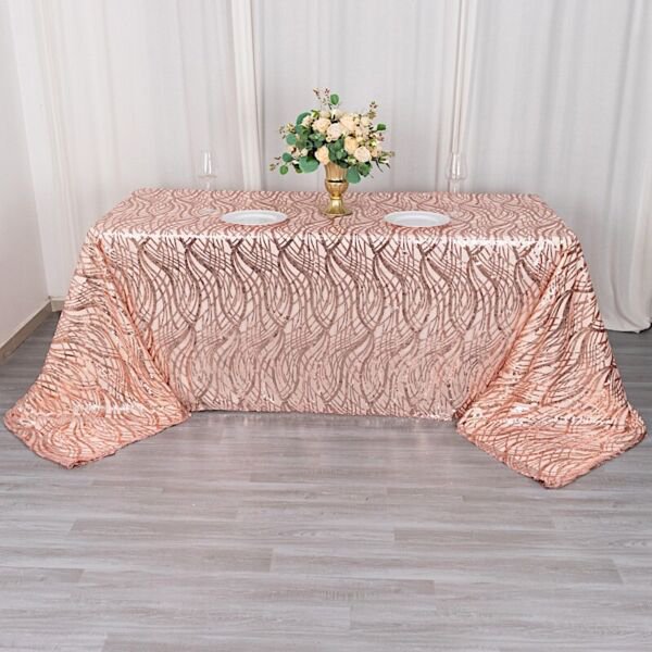 90X156 In Blush Wavy Sequined Mesh Rectangle Tablecloth Home Wedding Party Supplies