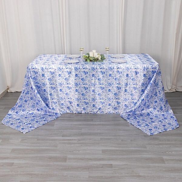 90" X 156" White Blue Floral Satin Rectangular Tablecloth Home Wedding Party Supplies