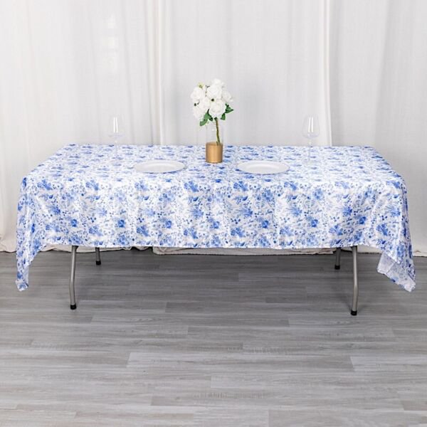 60" X 102" White Blue Floral Satin Rectangular Tablecloth Home Wedding Party Supplies